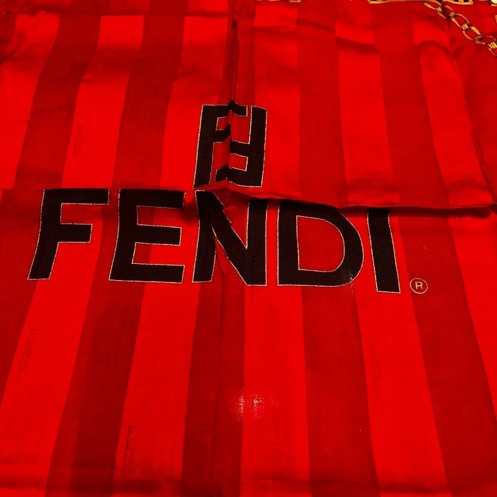 Vintage Fendi Red Silk Scarf – Chain & FF Logo Patch Print, 1980s-1990 EUC Italy